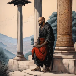 (Art by Victor Man, 2023), tattooed gangsta monk on the hill, He is leaning against a column in the temple, huile sur papyrus, 60 x 84 cm