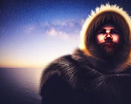 a sad and lonely viking looking up at the stars at night, hyper realistic, 8k, insane detail, atmospheric background, crying eyes, big fur coat, long braided hair, sharp focus, soft background, dynamic lighting, viking helmet, night time