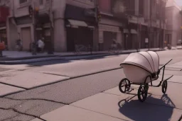 Looking downward into a baby carriage on a sidewalk. TheRe is a baby that looks like A young Donald Trump