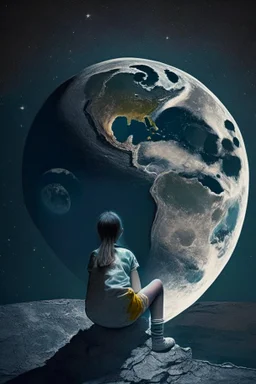 Chica en la Luna sentada mirando la tierra