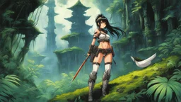 [art by Masamune shirow: Anime girl in jungle with spear and bird companion] A fearless anime girl equipped with survival gear, standing on a moss-covered log in a dense jungle. She wields a spear and is accompanied by a perched bird, surrounded by the ruins of ancient architecture. This scene captures adventure and determination amidst lush greenery.