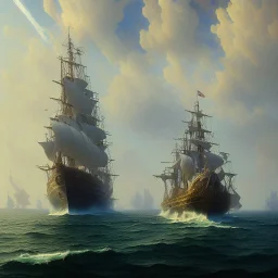 Ship of the line, 1993, spanish mediterranean sea, waterfront, alphonse mucha, greg rutkowski, sharp painting, vplumetric lighting, volumetric clouds, maya render, hyper detailed, 8k, uhd, exaggerated colors, fantasy art, felix kelly, seb mckinnon, jessada sutthi, boris vallejo, lin chen