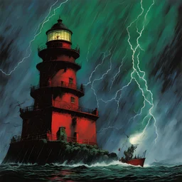 color Ink illustration by Dave McKean, heavily inspired by the unsettling symbolism of Tim White and Phillipe Druillet, depicting massive Lovecraftian Elder Gods enveloping a lighthouse in a driving rainstorm, horrible nightmares screaming from thunderclouds, red and dark_green and black color scheme dominating the artwork, grim narrative, smooth illustration, chilling Eldritch motifs, UV reactive color slashes, textured surface, ominous representation, unsettling.