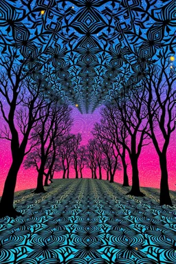 Cosmological escape route; undersides of pretty colors covered in repeating black optical patterns inspired by M.C. Escher with interlocking geometric tessellations that transition from abstract shapes into the forms of flowers and trees in nature