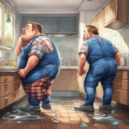 illustration of two plumbers where one is obese and the other is normal-sized who are kneeling under a kitchen sink from perspective of behind with dungarees riding down and plaid work shirts with their lower back's are visible, plumber_crack, water puddle on the floor, master and apprentice, hyperreal, colorful, humorous