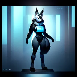 a fox fursona, darker colors, master quality, backlighting, soft lights, full body portrait, in frame, 8k, perfectly drawn face, well drawn, realistic, humanoid, furry, cyberpunk, digitigrade legs, fur, female