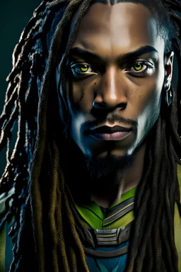 Long shot, exteme wide shot, Head in frame, Whole body in frame, ultra detailed, Creative, original character, original superhero character Stunningly handsome man with dark brown blue streaked neck-length dreadlocks, straight nose, dark skin, gorgeous broad young face, kind roguish steel hazel eyes, wearing white, yellow, and green superhero body suit, hyperrealism, by Greg Rutkowski,by anna dittmann,trending on artstation