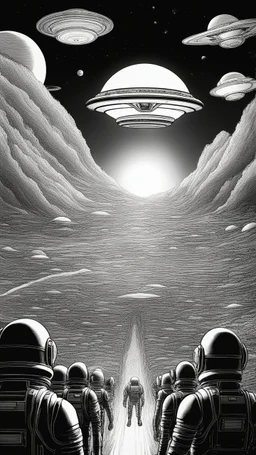 A land filled with hundreds of aliens in a bright light at the end of the picture a huge spacecraft object hovering above , cinematic, 8k, in black and white, fine line draw