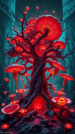 Quintessential Horror Surrealism:A cyber-a tree catastrophic dimensional fission through Seedream 3D recursive rendering, fracturing into chaos Legion Doodle simultaneous nightmare realities while simultaneously occupying four perforated reality levels—manifests as a blood-drenched forest where trees weep crimson sap and bioluminescent fungi pulse with recursive Fibonacci patterns, surrounded by carnivorous flowers with fanged mouths dripping neon venom; mat