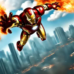 Ironman flying over a burning city, very detailed surroundings, shiny iron man suit, realistic