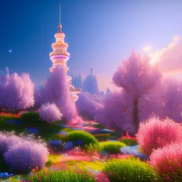 Blue cristal tower in a flowery countryside, glitter pink in a galactic ambiance, delicate colors in the foreground, full of details, smooth, light effect，vaporwave colorful, smooth, extremely sharp detail, finely tuned detail, ultra high definition, 8 k, unreal engine 5, ultra sharp focus