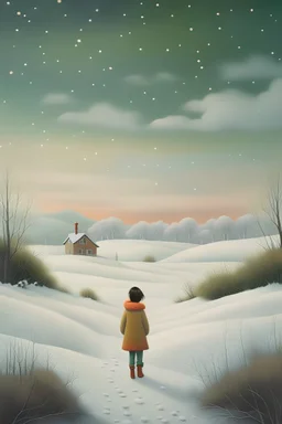 a painting of a person standing in a snowy field, snow landscape background, jane newland, snow scene, snowy winter scene, by Shin Yun-bok, snowy landscape, by Mary Davis, snow landscape, by Makoto Aida, by Louise Abbéma, winter painting, snowy plains, by Katsukawa Shun'ei, children's book art, wintery scene