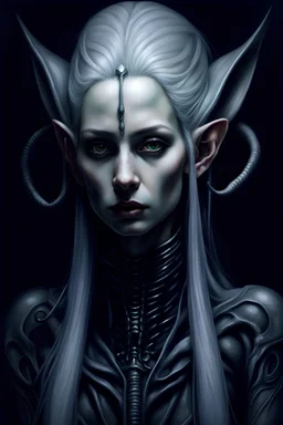 Hyper-realistic, intricately detailed fantasy portrait in the style of H.R. Giger and Yoshitaka Amano. Female elf with pronounced long ears, light grey hair in a bun, and light grey eyes against chalky white skin. Spotlight on dark attire: black scarf and robe, bare arms.