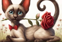 realistic illustration funny goofy, whimsical, caricature of a sleek siamese kitten with brown ears, laying down on its belly, back legs crossed, a paw stretched out in front, holding a red rose in his mouth, flowery background with long pale grass background. Textured painterly fantasy artistic Cartoon