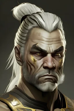 male armored pugilist, grey hair in a ponytail, with golden eyes