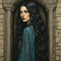 create a 3/4 profile, full body oil pastel of a dark haired, savage, ornately dressed, vampire girl with highly detailed , sharply defined hair and facial features , in a dismal 13th century crypt in the Pre-Raphaelite style of JOHN WILLIAM WATERHOUSE