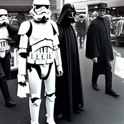 Creepy old photo of star wars type people out shopping at old town