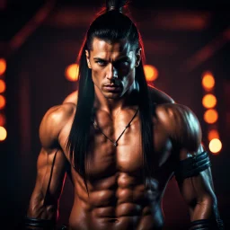 Shirtless Handsome alpha warrior with long dark hair pulled back in a pony tail. headshot. photorealistic. 4k. Dark Fantasy