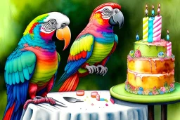 Parrot is having a birthday cake.. Highly detailed, smooth colours, realistic landscape. Aquarell