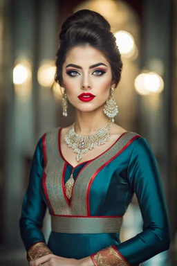 full length, young woman Portrait, detailed eyes, with spectacular red lips, Eyeliner "beautiful eye" with clear eyebrows, dress with a narrow waist, modest jewelry with subtle eyeliner, centered, symmetry, intricate, volumetric lighting, beautiful, rich deep colors masterpiece, sharp focus, ultra detailed, 8K, dslr, no crop, grand ballroom background, normal eyes