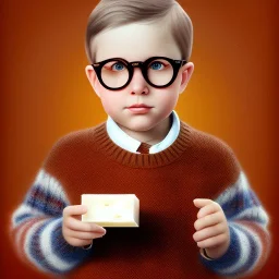 Peter Billingsley chubby kid Tortoise-shell glasses, holding A ((dark red soap bar)) in his hand, brown plaid sweater