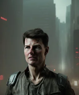 A portrait post-apocalypse cyborg Tom Cruise in a cyberpunk city, sci-fi fantasy style, 8k, volumetric lighting, particales,highly detailed,cinematic, deep scars on face,deep colours.