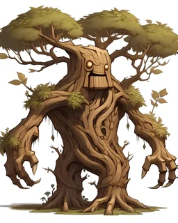 Golem de bois ressemblant à un arbre avec des branches et des feuille