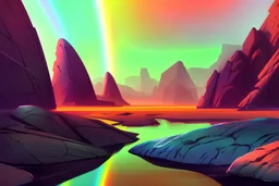 Rainbow, river, rocks, sci-fi, fantasy
