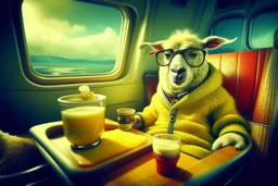 Realistic Grainy vintage analogue glitchy photograph of a contented sow wearing yellow tinted tactical eyewear and Hawiian shirt sitting next to a sheep with a hoodie reclining on a plane window seat, a Bloody Mary drink with a celery stick garnish sits on seat tray, cloudy skies, faded color old photo, low contrast, vignette, bokeh, heavy film grain and static, absurd