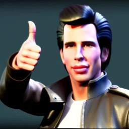 Young Fonz henrY winkler Happy days greaser thumbs up with black hair standing next to a jukebox