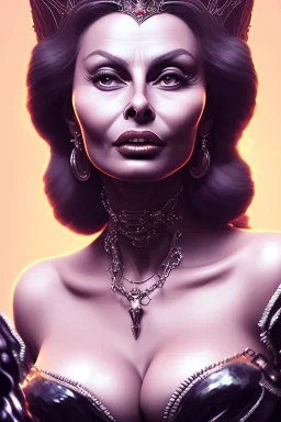 Sophia Loren as evil queen in black leather, cleavage, angry, stern look. character design by cory loftis, fenghua zhong, ryohei hase, ismail inceoglu and ruan jia. unreal engine 5, artistic lighting, highly detailed, photorealistic, fantasy