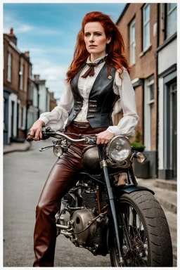 full-height portrait of a woman with straight shoulder-length auburn hair, with metal arms and legs, dressed in leather trousers, and a waistcoat, in a Victorian street next to a steampunk motorbike blue sky