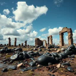 Photography of a landscape with massive odd incomprehensible style, ruins, surrealism, glossy, organic, mass growing, Joan Miró, strong texture, fiotti di liquido nero, panic, obsessive, hypnotic, rotten, blue sky, clouds, hasselblad h6d400c --ar 85:128 --v 6.0