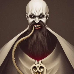 Realistic Nosferatu vampire with pale grey skin and yellow glowing eyes with tentacle beard and vampire fangs as Russian Orthodox in shadow