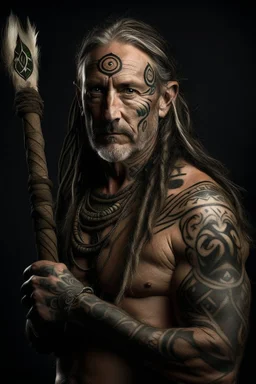 clean shaven middle aged long haired celtic warrior with tribal tattoos and spear