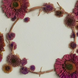 circle arrangement of small dried flowers on white textured paper, aesthetic layout, beautiful composition, vintage, brightly lit, tender