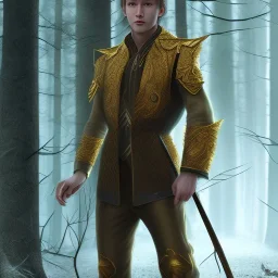 Male, Human, Blond, Sorcerer, Fire Mage, Golden Eyes, Young, Photorealism, Full Body Shot, Forest Background