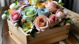 nice large arrangement of pastel color flowers inside a wooden box, show all sides of the box