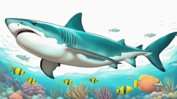 comic style, realistic coloring, underwater, coral reef, shark
