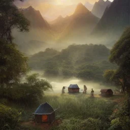 incredible, stunning rice patties with several small shanties, morning mist, mountains in the distance,8k, high-quality, ultrafine-detail, intricate, detailed matte, digital painting, artwork, brian froud, howard lyon, selina french, anna dittmann, annie stokes, Greg Rutowski