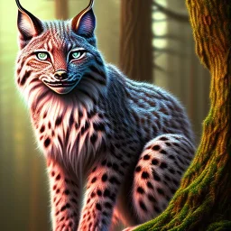 close up on lynx in a tree in magical forest,another red owl in the background, fantasy book cover art