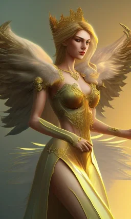 Female angel with big wings and golden crown floating above the ground in the dark, michelangelo style, detailed, world of warcraft style