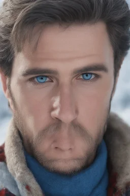 Blue eyes, close-up facial portrait - a Bright, well-lit UHD, 1080p 32k, photograph - winter time, hunting season, part Jesus Christ, part Elvis Presley with a mustache and short crew-cut hair, part Lee Majors, Part red and black checkered wool coat, blue jeans, cowboy boots, plaid shirt, sunbursts, crosses, 3D lighting, diamonds, hearts, Butterflies, Clovers, Roses, extremely colorful,