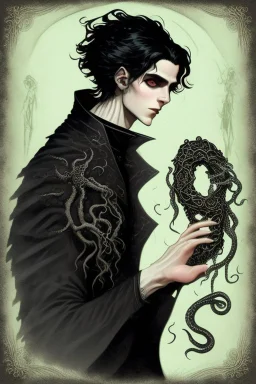 black haired young man necromancer wizard with gothic jewelry and tentacle fingers in the style of Fyodor Pavlov