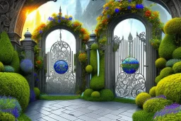 intricate ornate gate, garden, path, flowers, fine detail, high quality, Futurism,