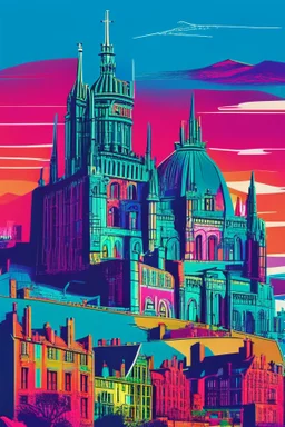 Illustration of Edinburgh in the style of Jonathan Ball, vivid colors, details