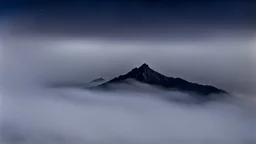 looking down at misty foreground and night sky background, no sun, single sharp narrow mountain peak coming through the mist in the center