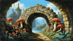 Mushrooms with octopus tentacles covering a crumbling stone wall and an arch behind, Roger Dean-style