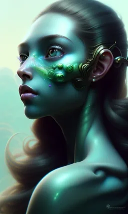 young girl, cute, beautiful, long curly hair, black hair, green alien skin, big flat nose, black eyes, big eyes, turquoise dress, head and shoulders portrait, 8k resolution concept art portrait by Greg Rutkowski, Artgerm, WLOP, Alphonse Mucha dynamic lighting hyperdetailed intricately detailed, avatar pandora