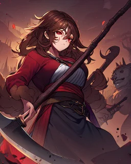 Wide brown hair, freckles on her face, a tall girl, has a battle axe, wears purple and black men's battle clothes, red eyes with bangs covering her eyes